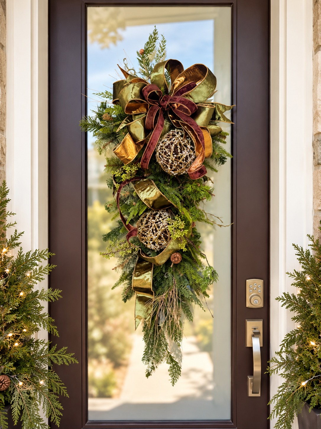 36" Cashmere LED Winter Teardrop Swag – Olive & Mocha