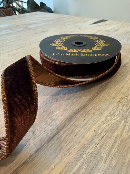 John Mark Enterprises Velvet Metallic Dupion 1" Ribbon – Dark Brown