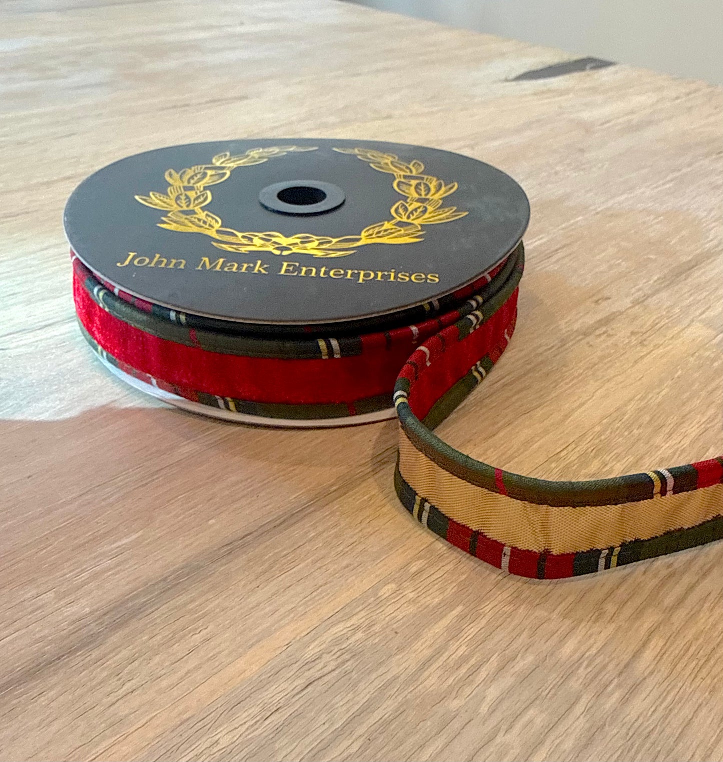 John Mark Designer Velvet Ribbon – Red/Gold with Plaid Trim | 1" x 10 Yards