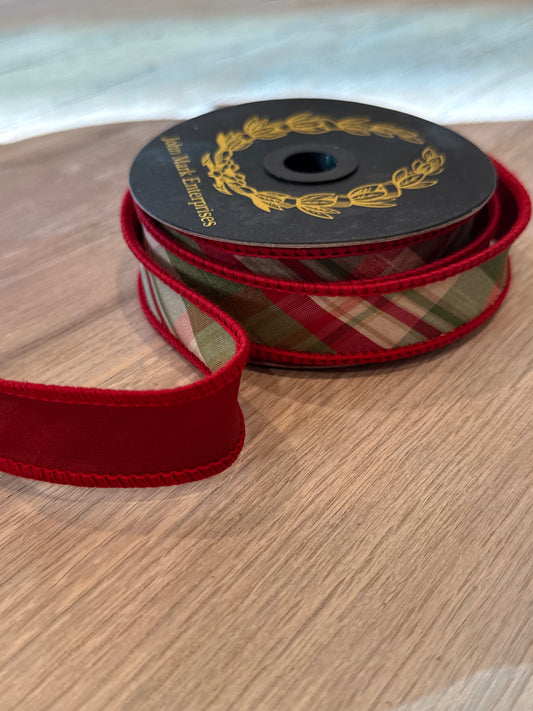 John Mark Enterprises Holiday Plaid Dupioni Taffeta Wired Ribbon – Red Backing | " x 10 Yards