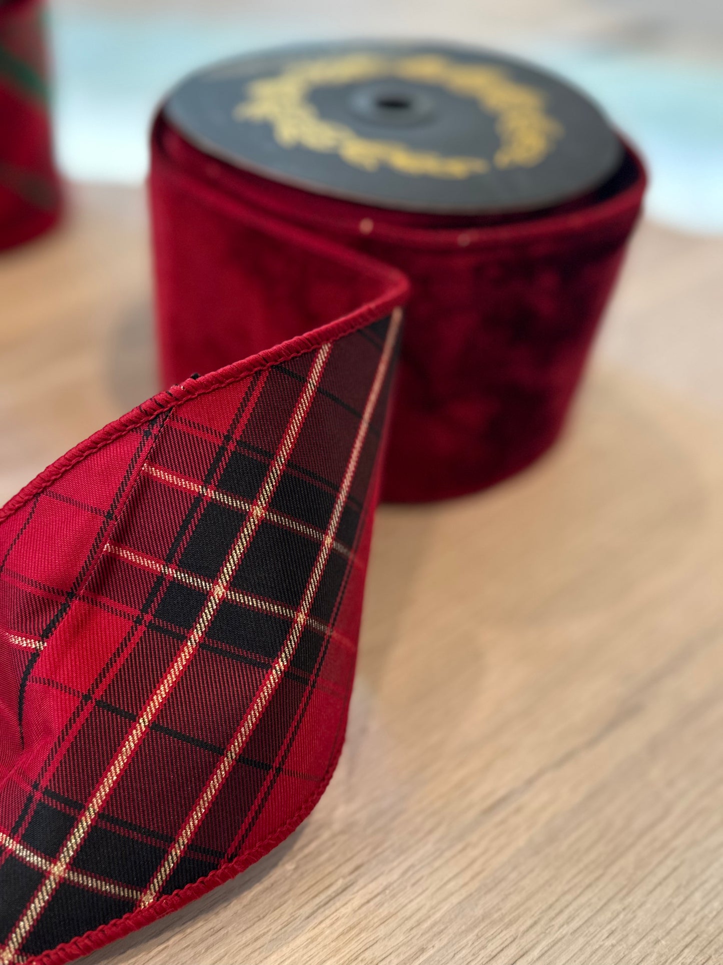 John Mark 4" x 10 Yards Reversible Crown Velvet Plaid Wired Designer Ribbon – Burgundy, Red & Gold