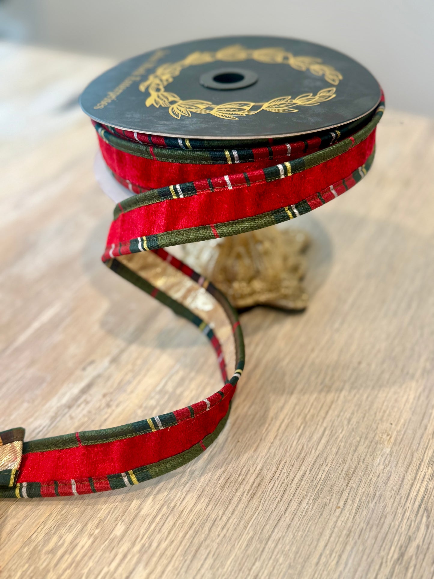 John Mark Designer Velvet Ribbon – Red/Gold with Plaid Trim | 1" x 10 Yards