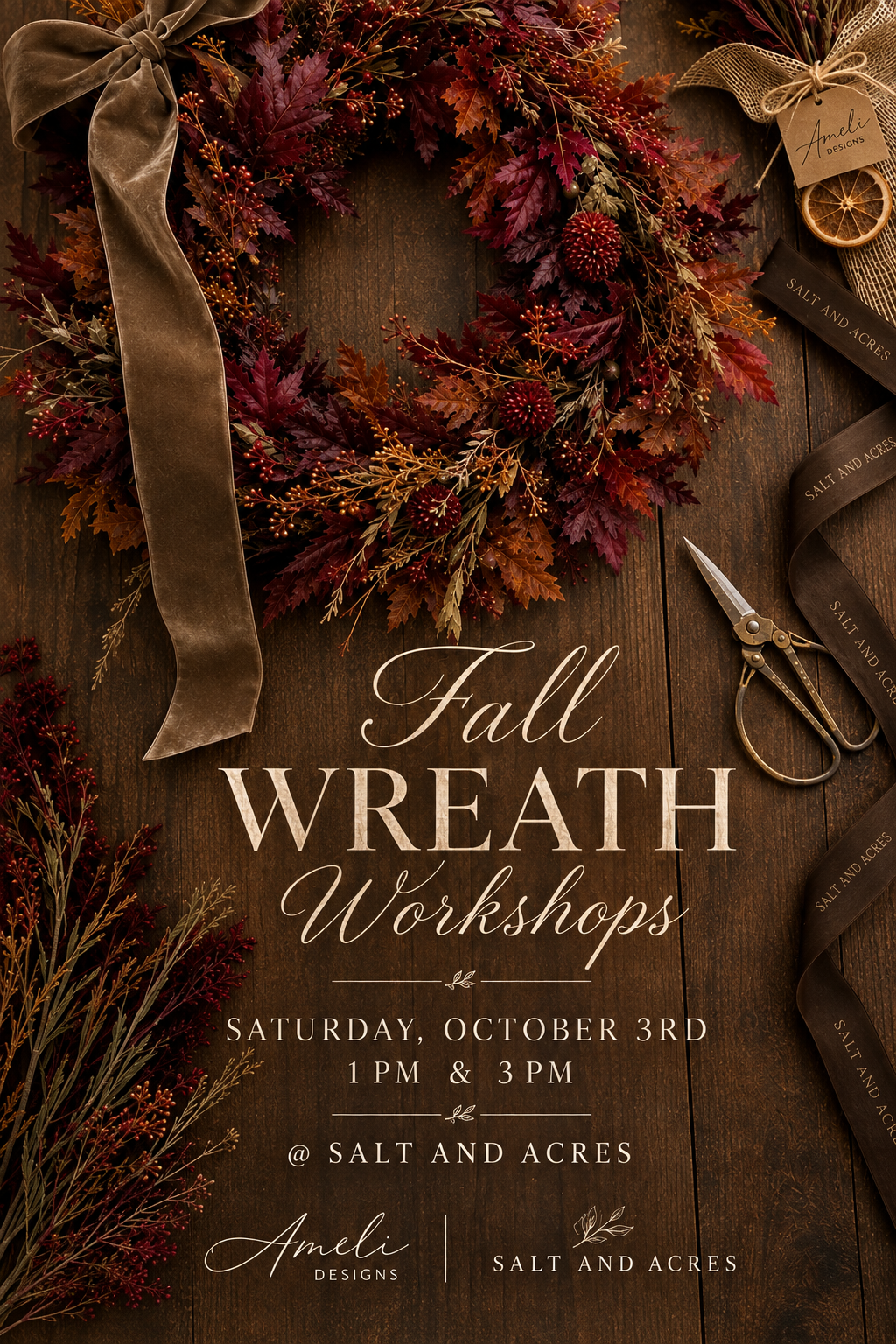 Fall Wreath Workshops- Ameli Designs+ Salt&Acres 10.03.26 @ 3 pm